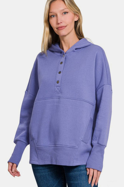 Zenana Half Snap Long Sleeve Hoodie with Kangaroo Pocket