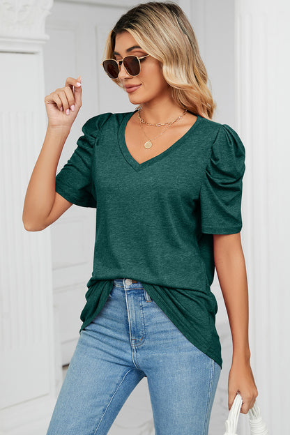 Heathered V-Neck Puff Sleeve T-Shirt