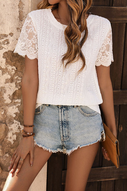 Perfee Eyelet Round Neck Short Sleeve T-Shirt