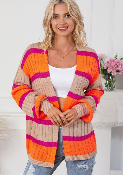 Contrast Striped Drop Shoulder Open Front Cardigan