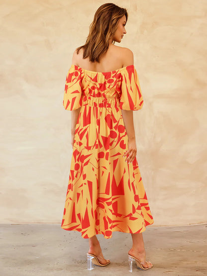 Printed Off-Shoulder Balloon Sleeve Dress