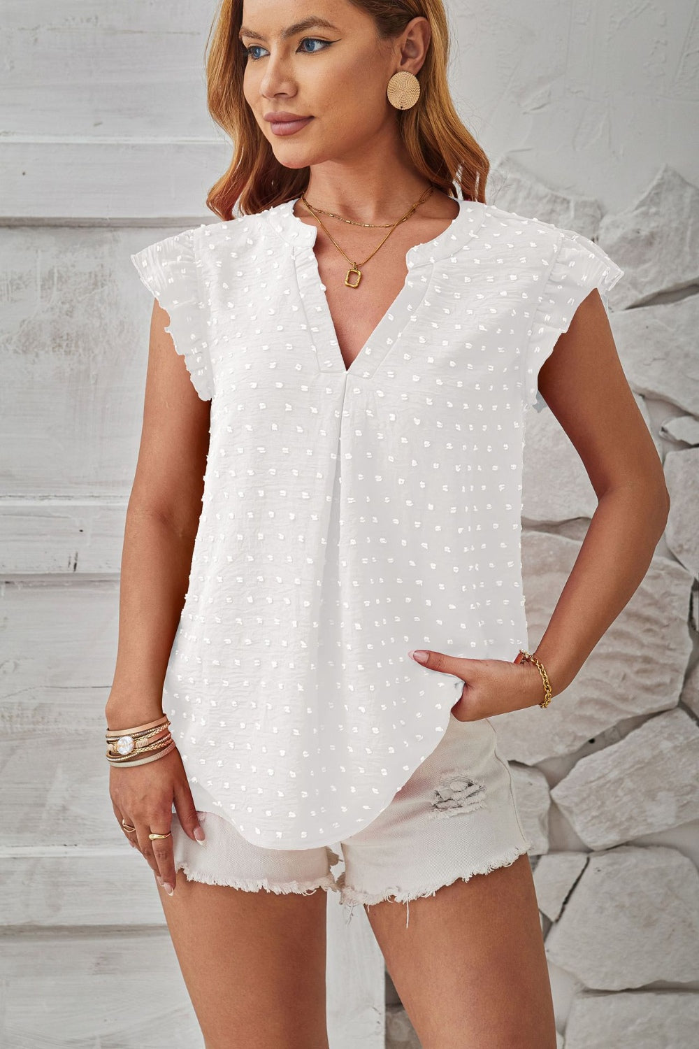 Swiss Dot Ruffled Cap Sleeve T-Shirt