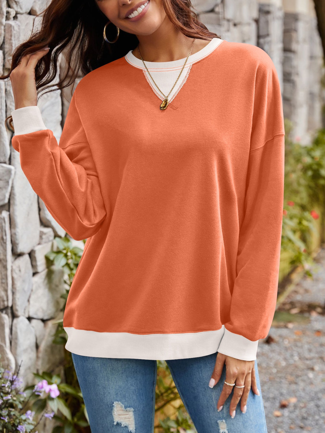 Lovelet Contrast Round Neck Long Sleeve Sweatshirt