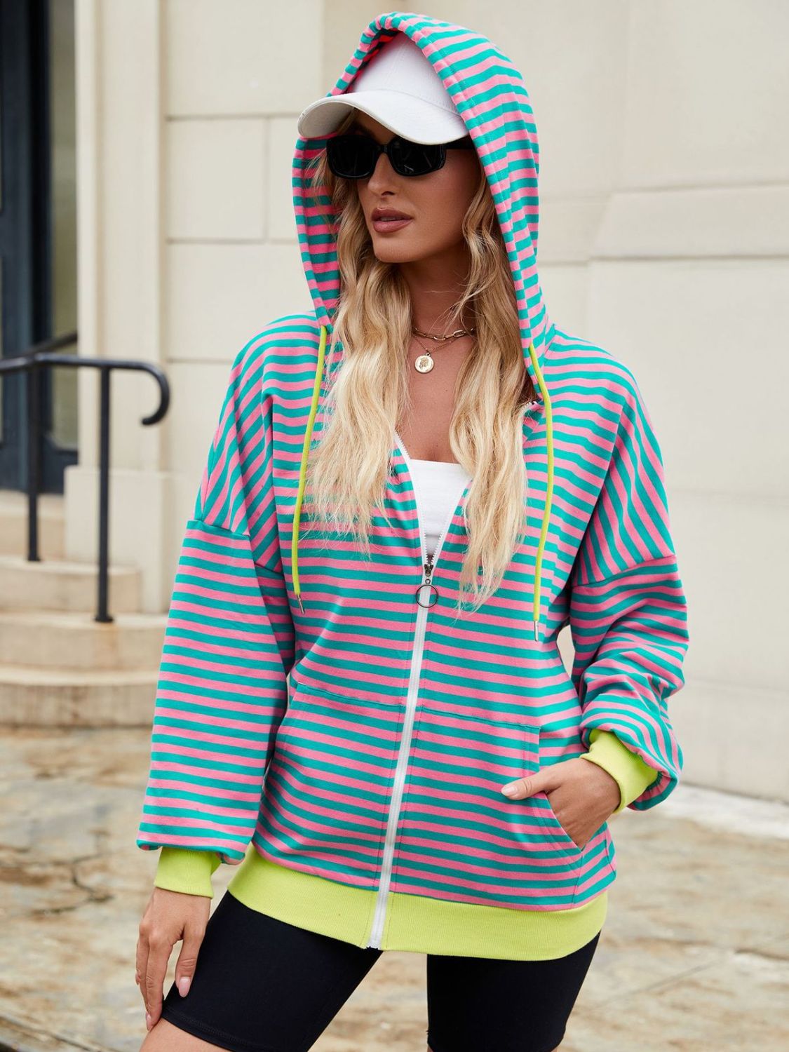 Drawstring Striped Zip Up Long Sleeve Hoodie