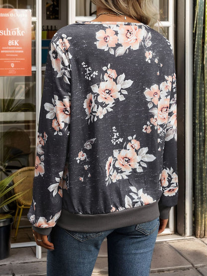 Perfee Printed V-Neck Long Sleeve Sweatshirt