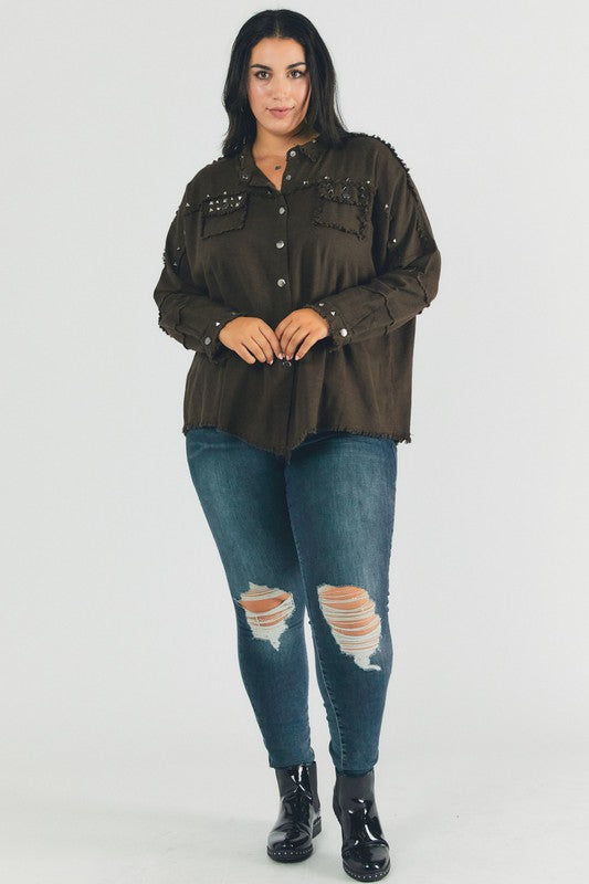 Plus Distressed hem button down oversize shirt