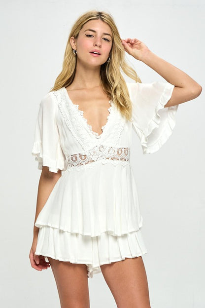 Flutter Sleeved Short Romper With Crochet Trim