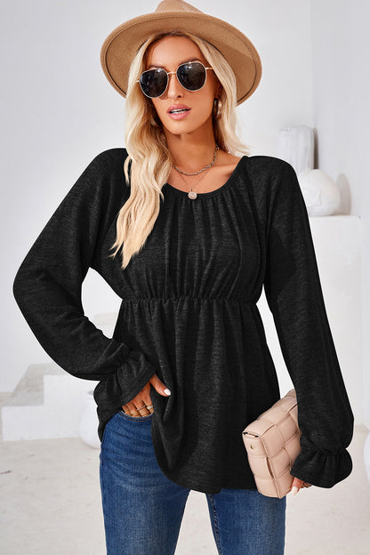 Ruched Round Neck Flounce Sleeve Blouse