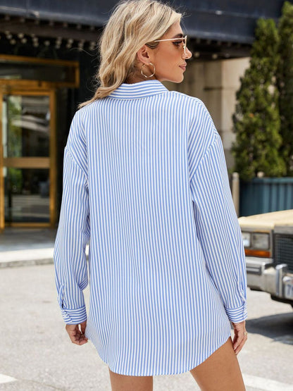 Pocketed Striped Collared Neck Long Sleeve Shirt