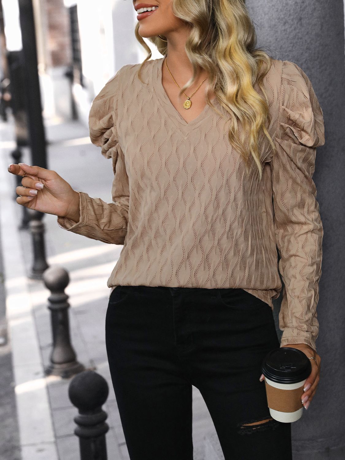 Perfee Textured V-Neck Long Sleeve Top