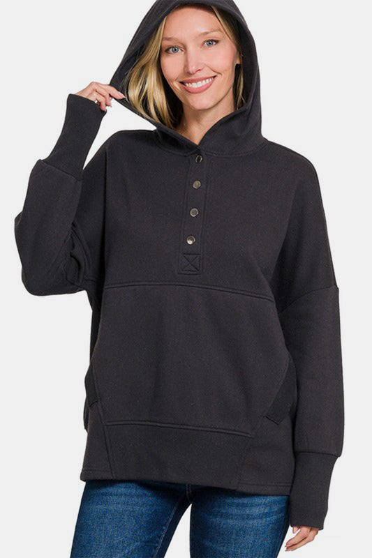 Zenana Half Snap Long Sleeve Hoodie with Kangaroo Pocket