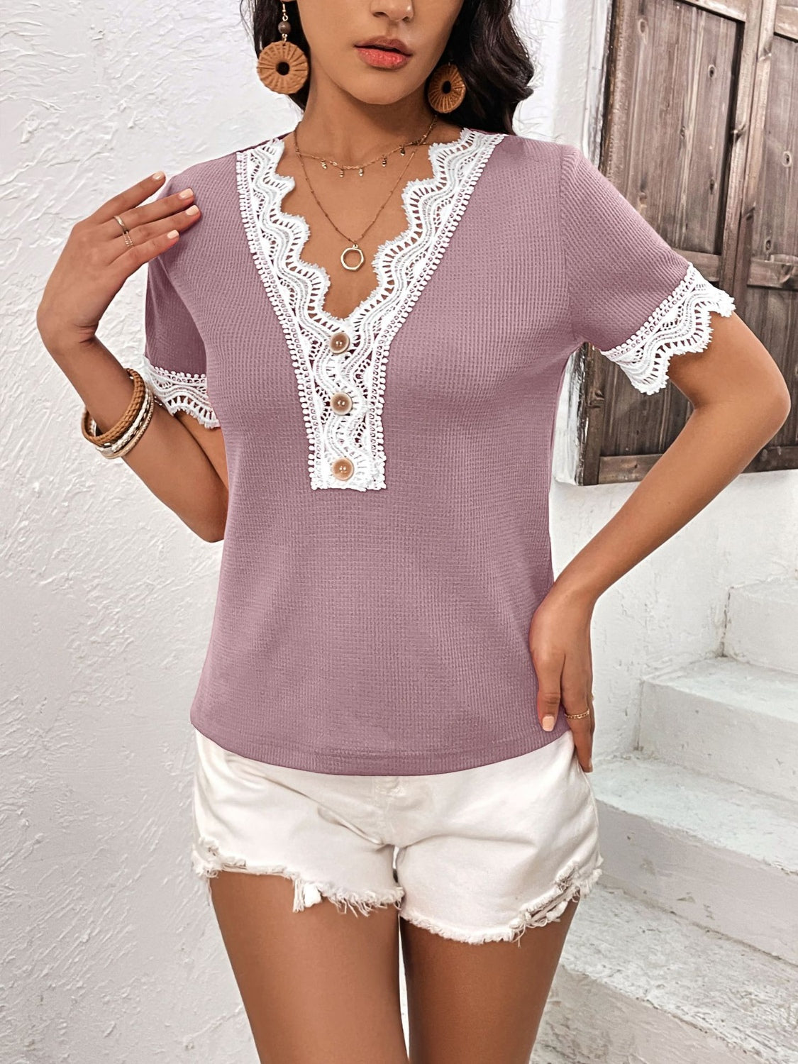 Lace Detail V-Neck Short Sleeve T-Shirt