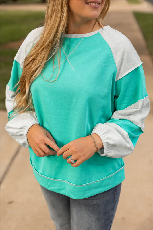 Plus Size Exposed Seam Color Block Long Sleeve Sweatshirt