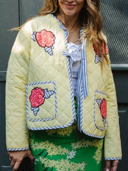 Embroidered Flower Tied Long Sleeve Winter Coat