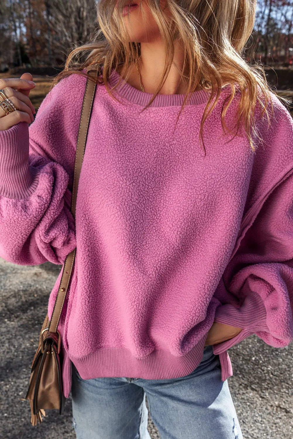 Slit Round Neck Long Sleeve Sweatshirt