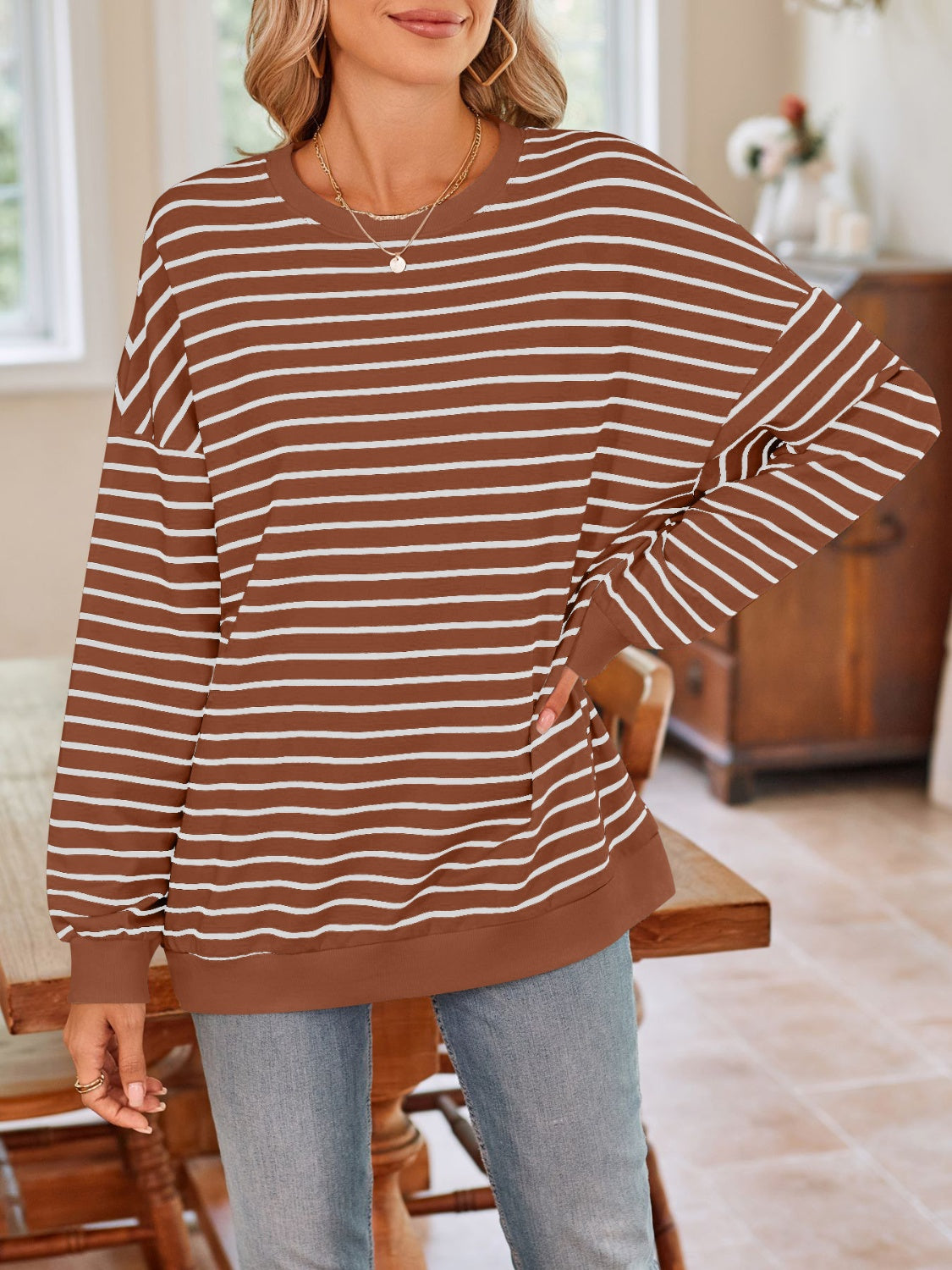 Lovelet Striped Round Neck Long Sleeve Sweatshirt