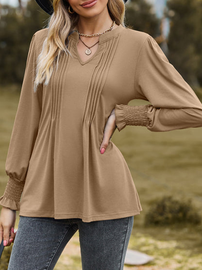 Ruched Notched Long Sleeve T-Shirt