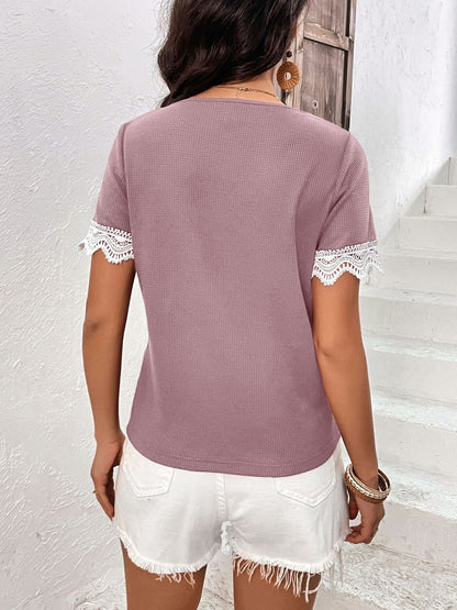 Lace Detail V-Neck Short Sleeve T-Shirt