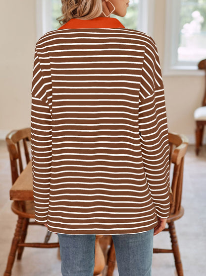 Lovelet Striped Johnny Collar Long Sleeve T-Shirt