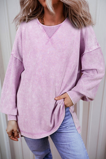 Exposed Seam Round Neck Long Sleeve Sweatshirt