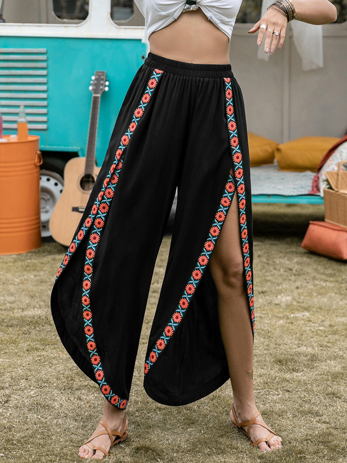 Slit Elastic Waist Wide Leg Pants