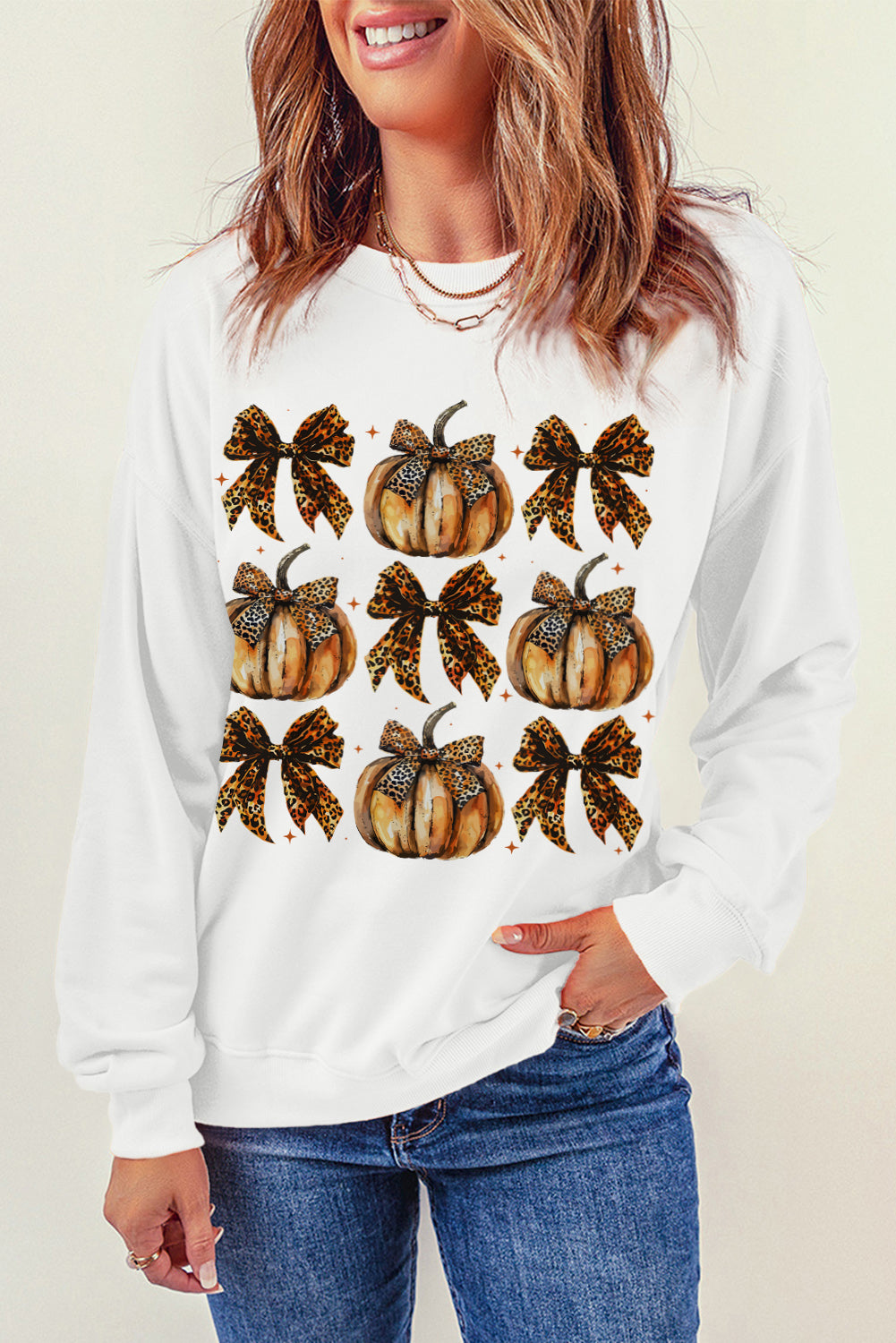 Pumpkin & Bow Graphic Long Sleeve Sweatshirt