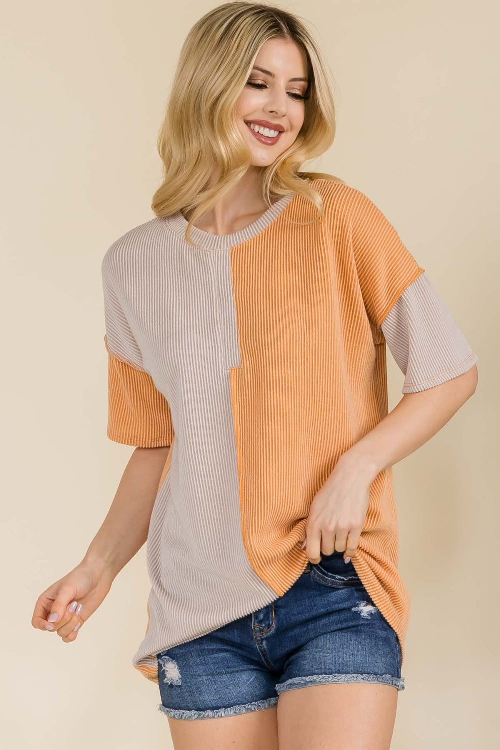 Celeste Full Size Ribbed Color Block Short Sleeve T-Shirt