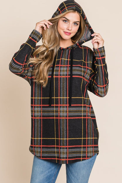 BOMBOM Drawstring Plaid Long Sleeve Hoodie