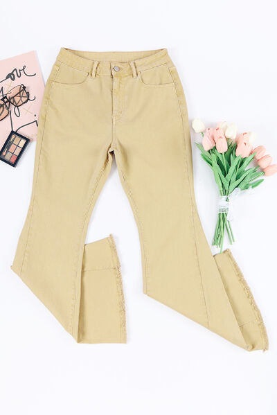 Pocketed Raw Hem Flare Jeans