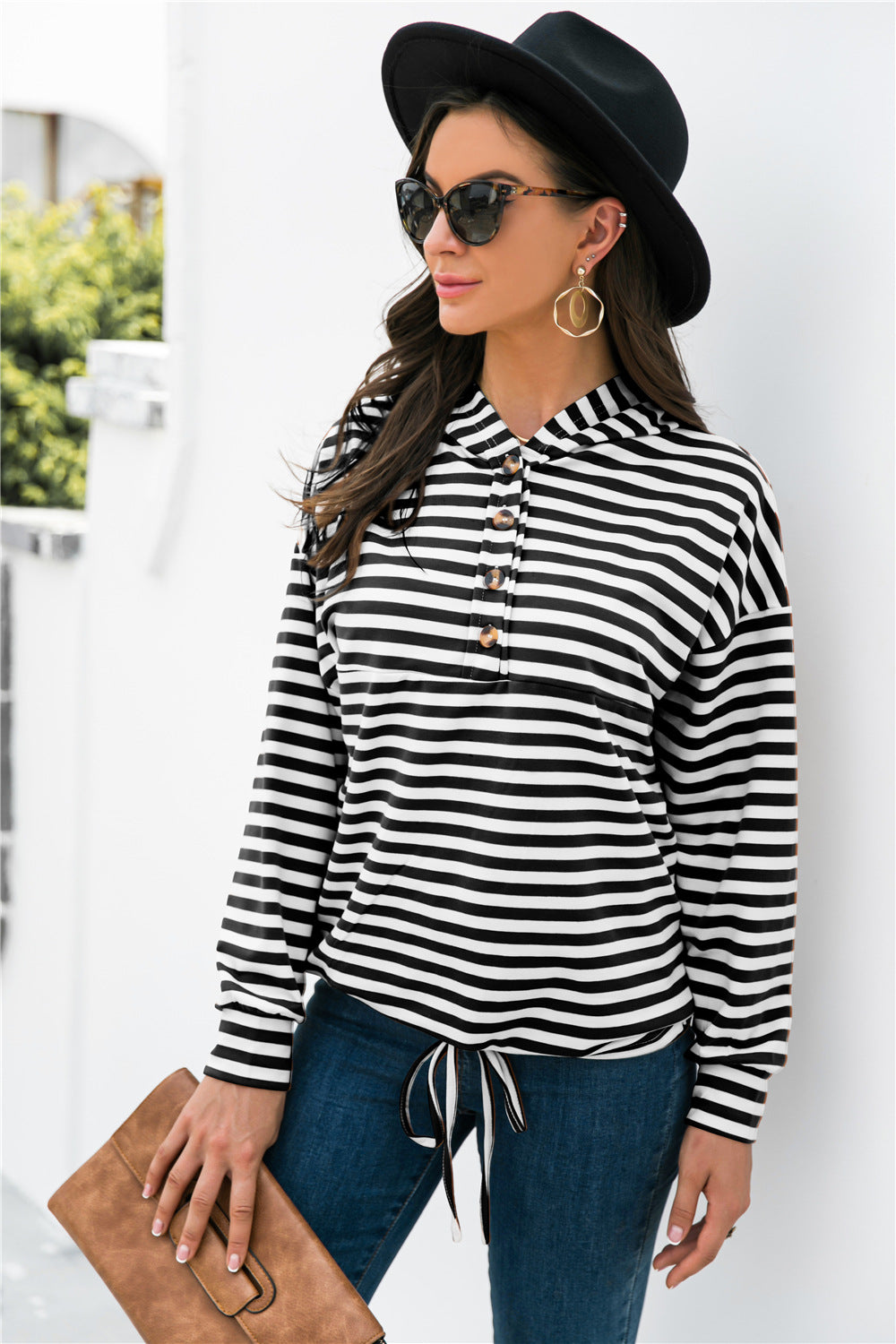 Striped Half-Button Dropped Shoulder Hoodie