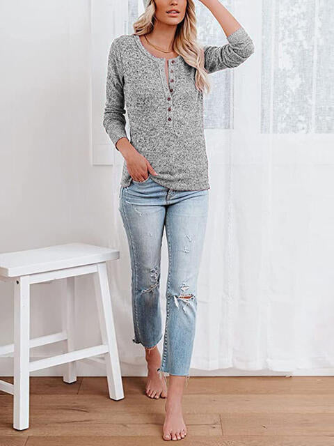 Round Neck Buttoned Long Sleeve T-Shirt