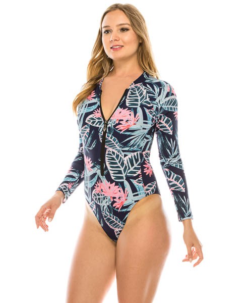 One Piece Long Sleeve Leaf Print Swimsuit