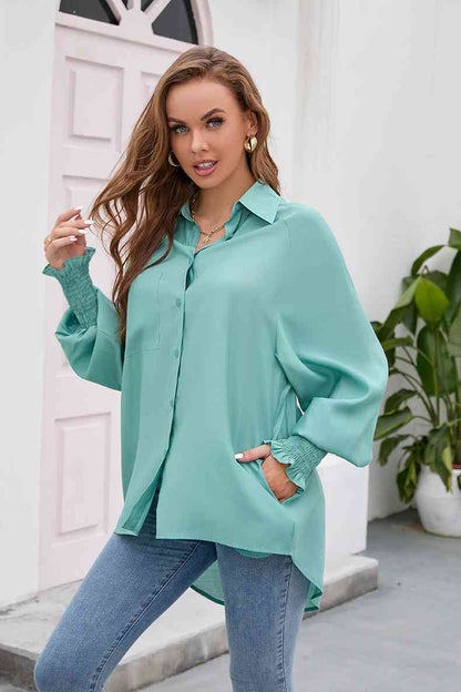 High-Low Collared Neck Lantern Sleeve Shirt