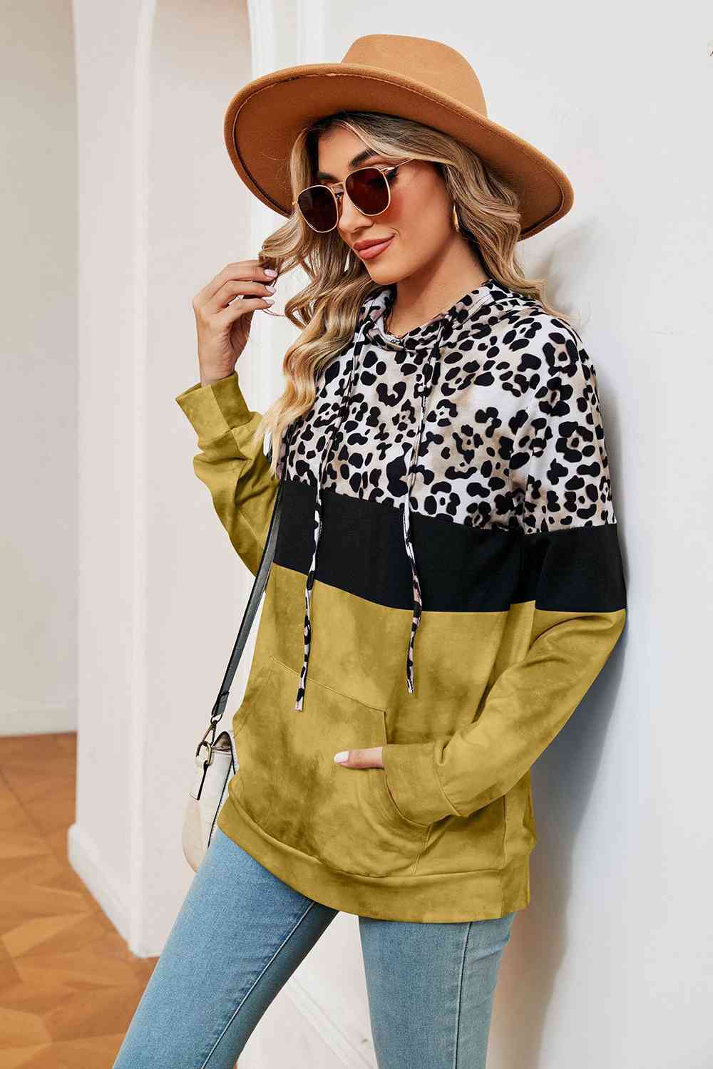 Leopard Drawstring Hoodie with Pocket