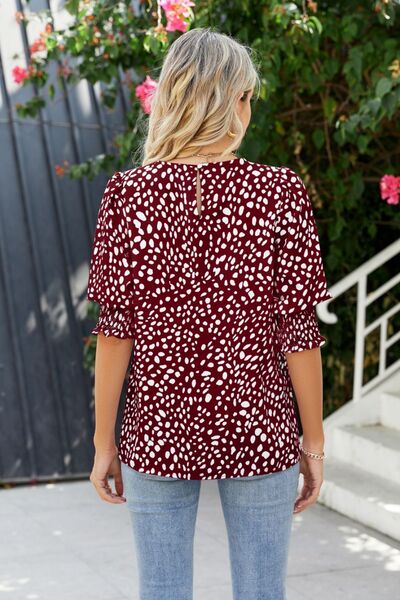 Polka Dot Round Neck Lantern Sleeve Blouse