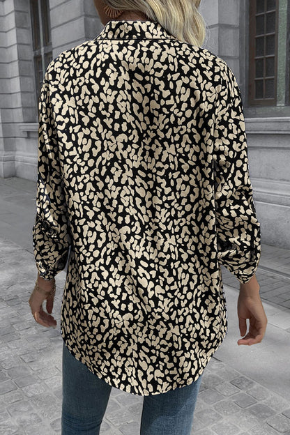 Double Take Leopard Roll-Tap Sleeve Shirt