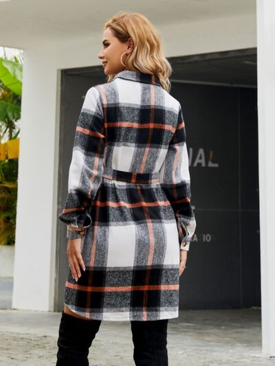 Plaid Belted Collared Neck Button Up Jacket