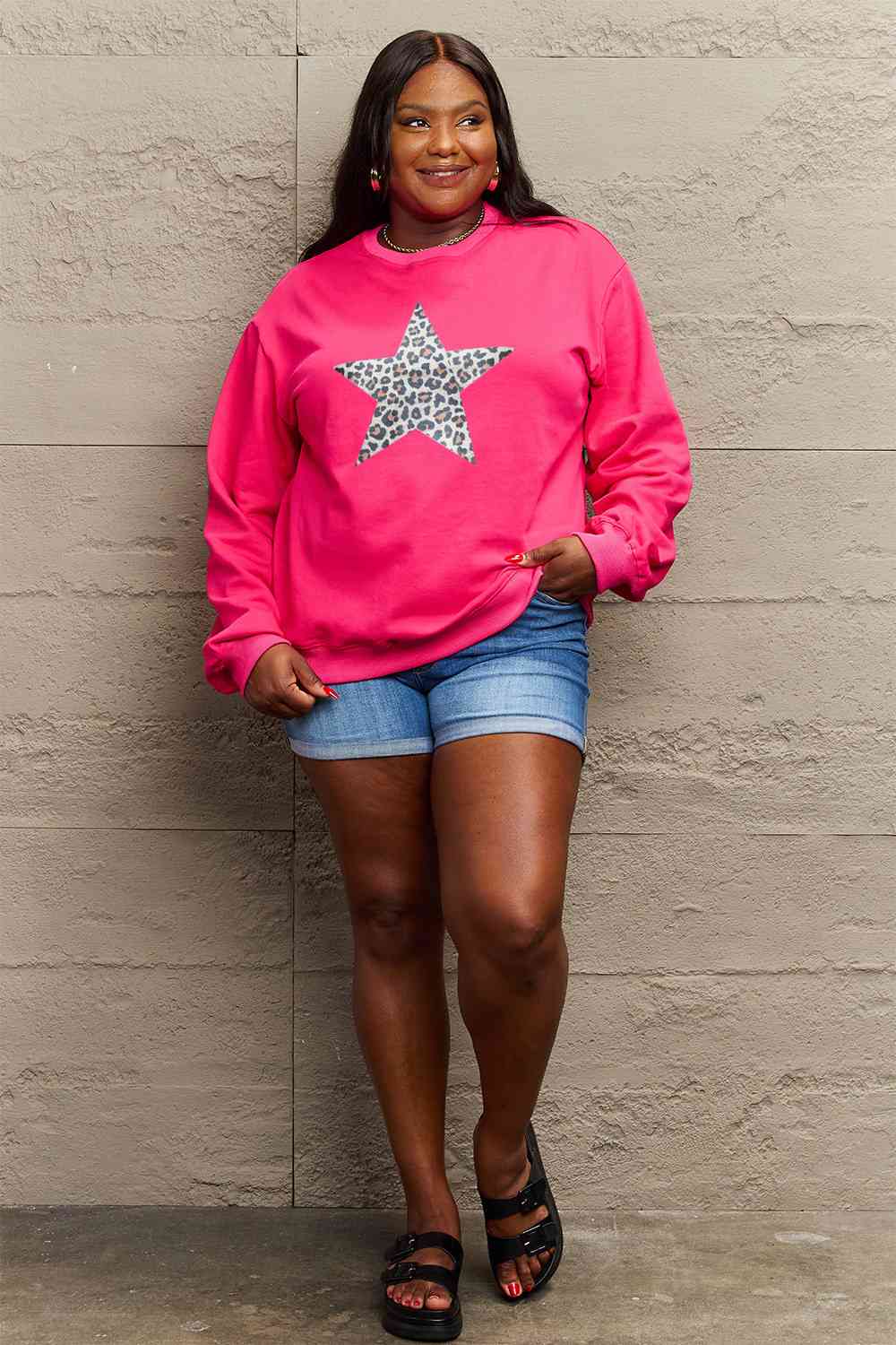 Simply Love Full Size Leopard Star Graphic Sweatshirt