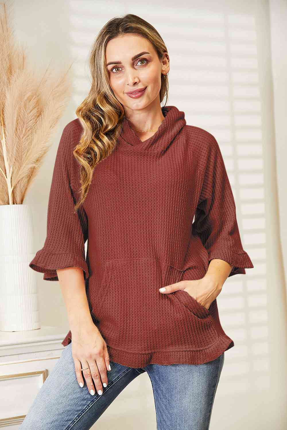 Full Size Waffle-Knit Ruffle Hem Hoodie