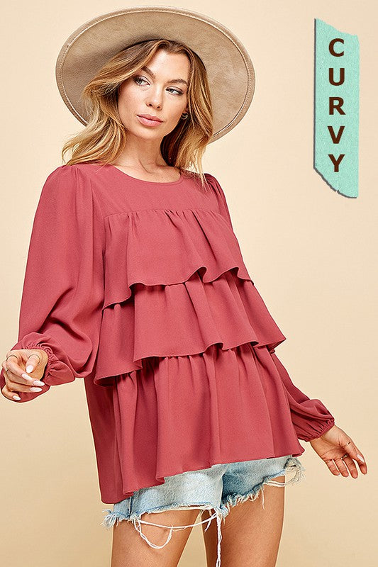 Solid And Front Ruffle Detail Long Sleeve Blouse