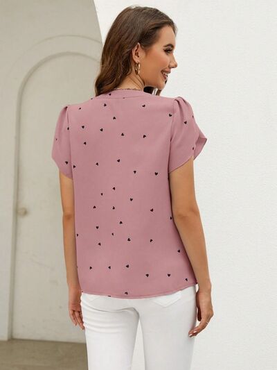 Heart Print Notched Petal Sleeve Blouse