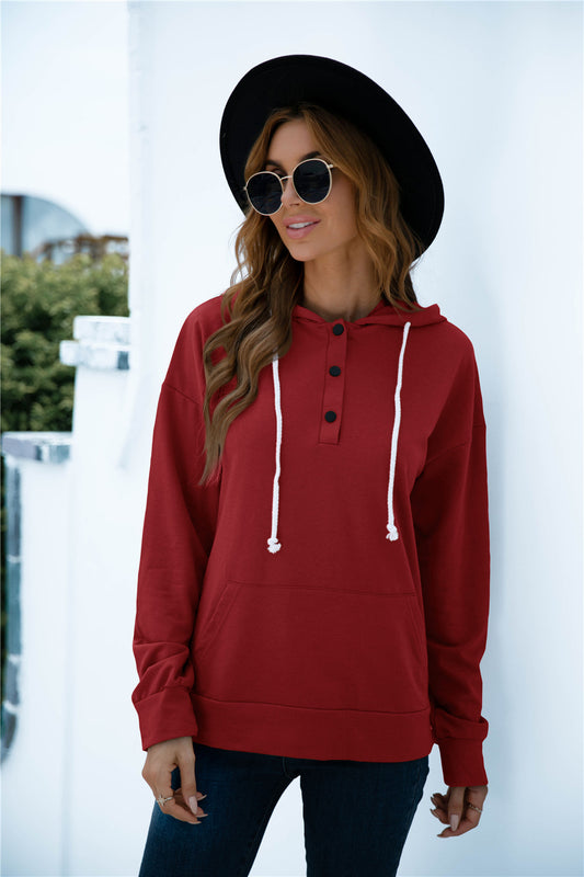 Quarter Snap Drawstring Hoodie with Kangaroo Pocket