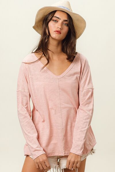 BiBi Exposed Seam V-Neck Long Sleeve T-Shirt