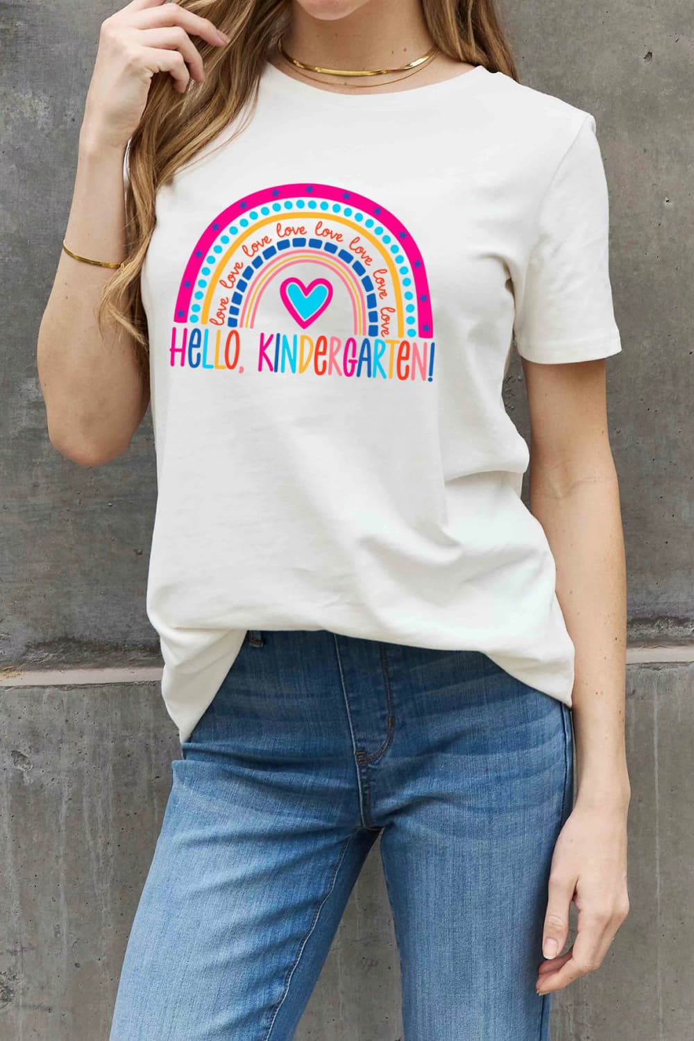 Simply Love Full Size LOVE HELLO KINDERGARTEN Rainbow Graphic Cotton Tee