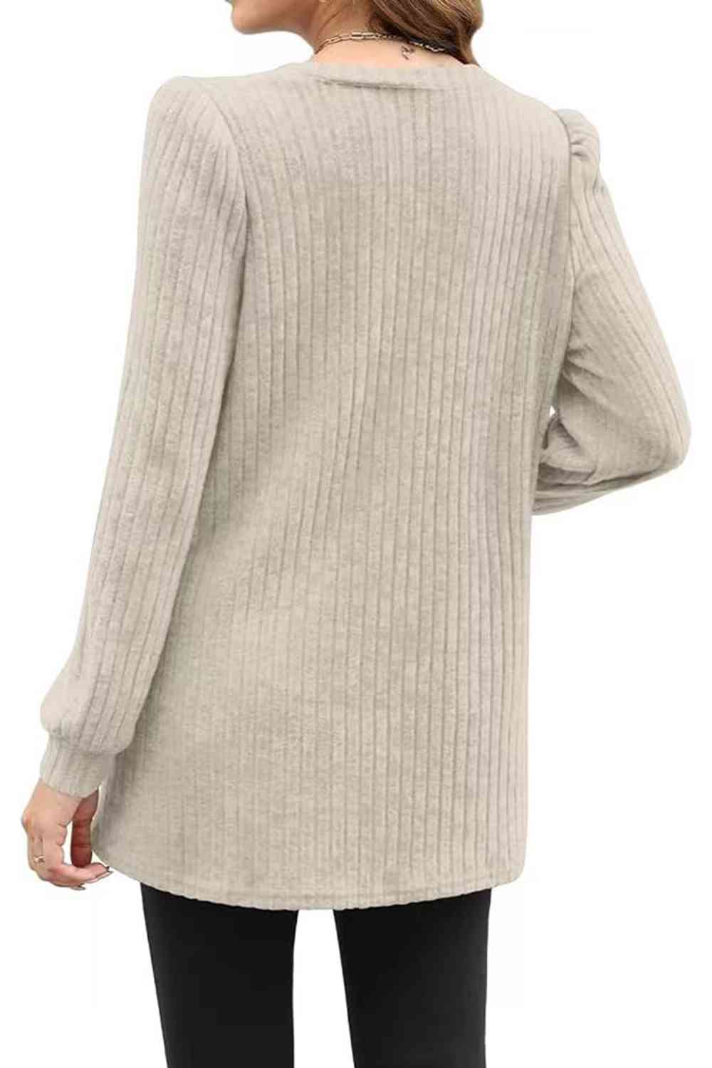 Ribbed Round Neck Long Sleeve T-Shirt