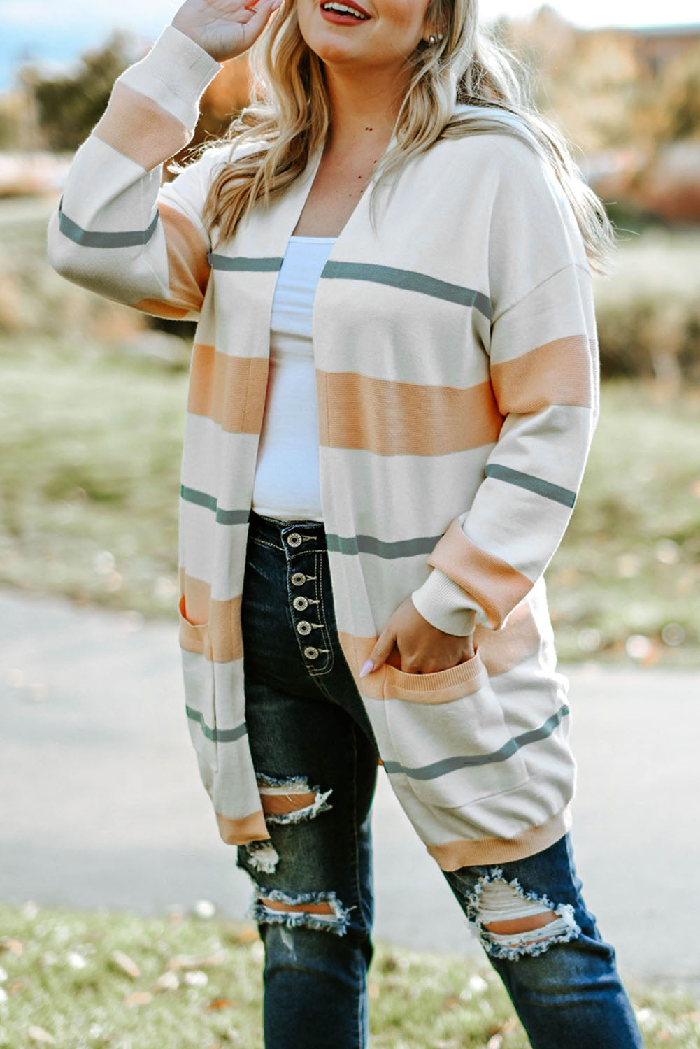 Plus Size Striped Open Front Cardigan