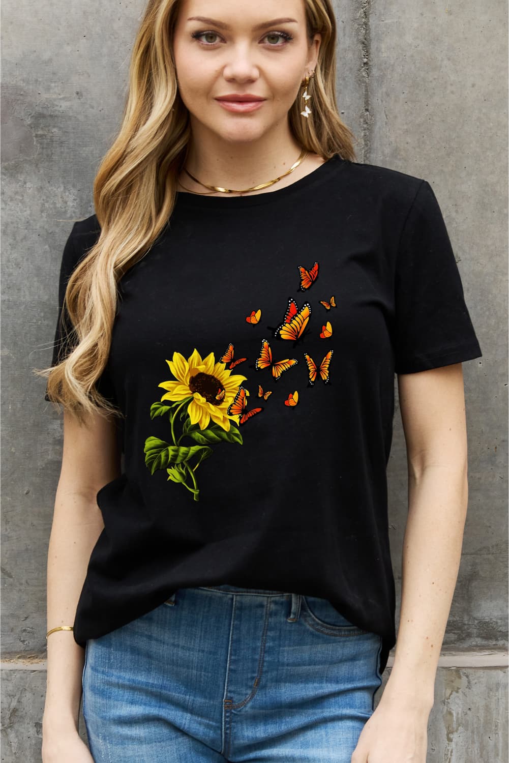 Simply Love Full Size Sunflower Butterfly Graphic Cotton Tee