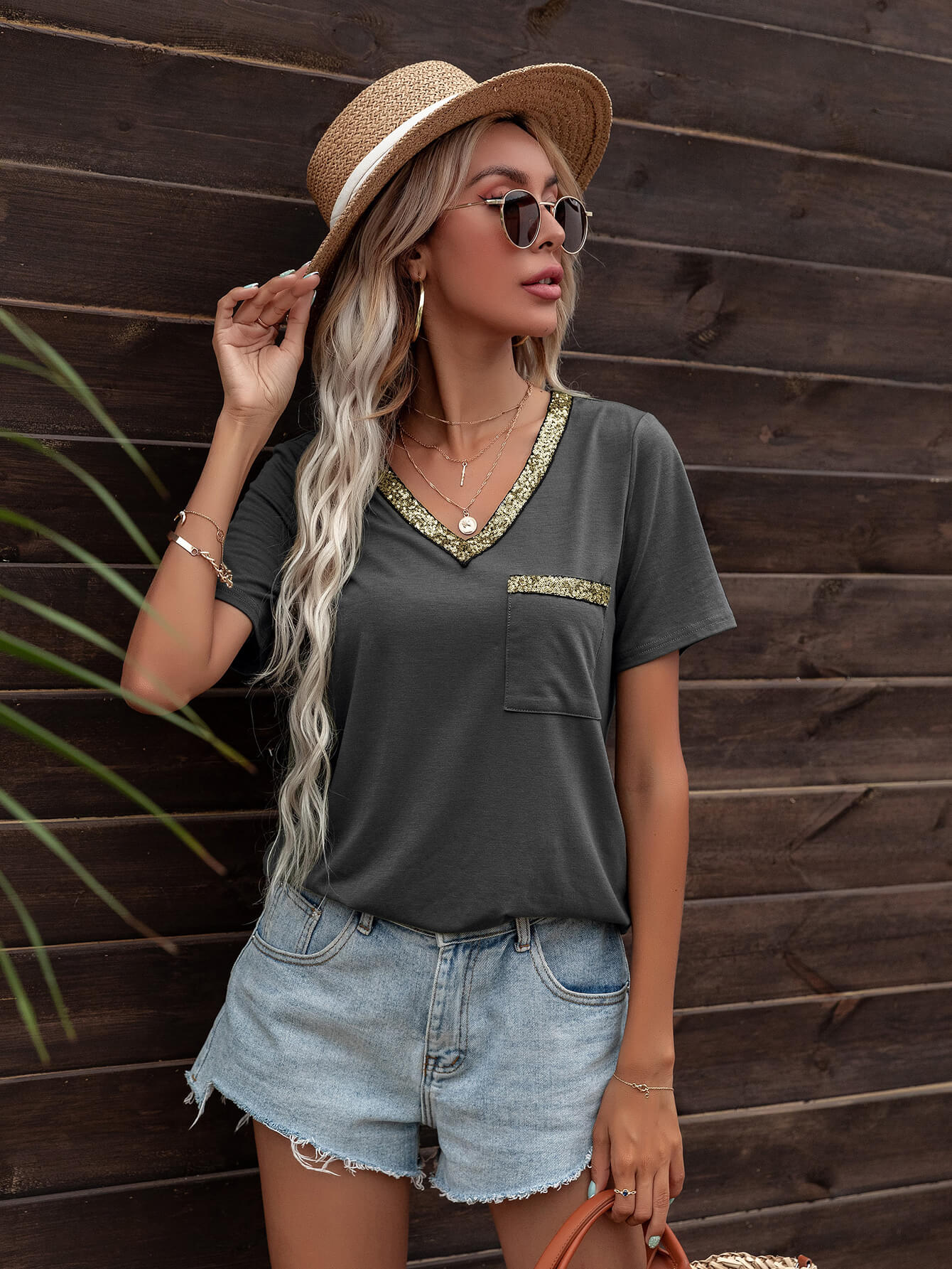 Glitter V-Neck Short Sleeve Tee Shirt