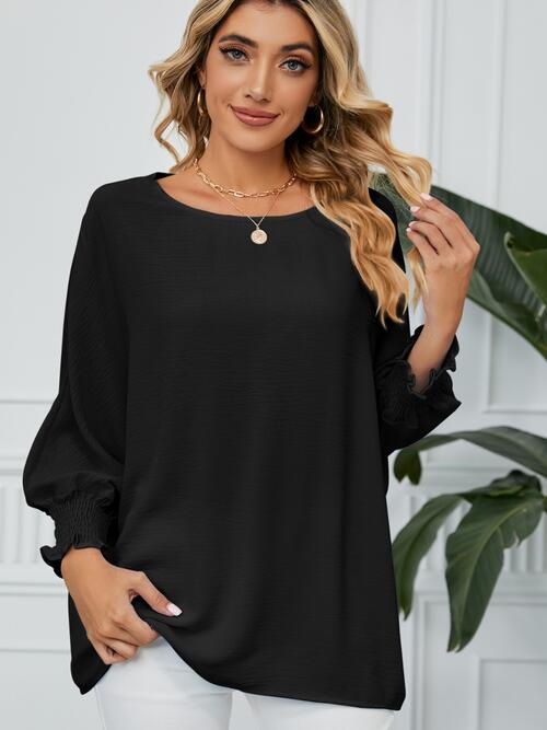 Smocked Lantern Sleeve Round Neck Blouse