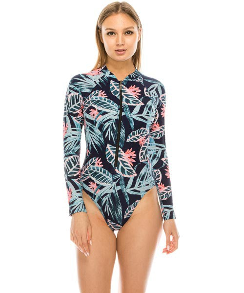 One Piece Long Sleeve Leaf Print Swimsuit